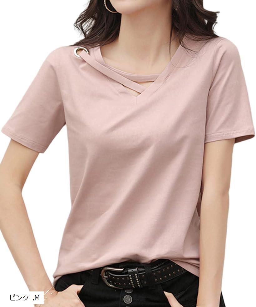 半袖 vネック デザイン tシャツ レディース アシンメトリー アシメカットソー シンプル(ピンク, M)