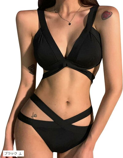 クロス ビキニ 水着 レディース 2点セット 黒 クロスビキニ パッド入り ワイヤーなし スイムドレス(ブラック, L) クロス ビキニ 水着 レディース 2点セット 黒 クロスビキニ パッド入り ワイヤーなし スイムドレス(ブラック, L)