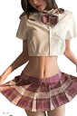 女子高生 コスプレ Tショーツつき コスチューム 半袖 チェック リボン ミニスカート(ピンク)