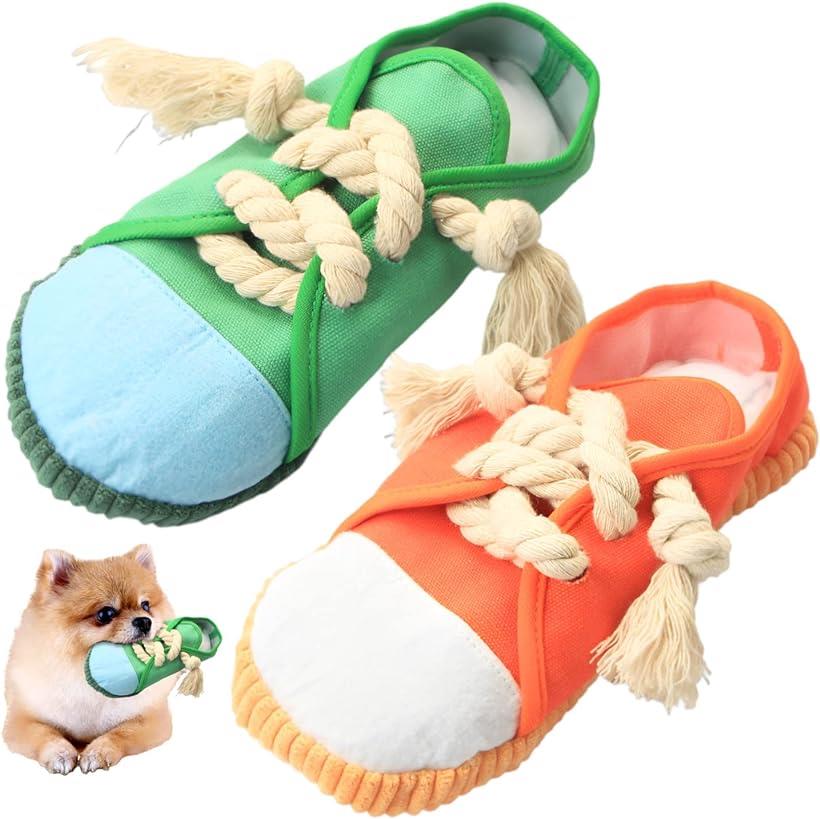 犬 噛む おもちゃ 靴 スリッパ 2足 小型犬 噛むおもちゃ ペット 洗える(ローカット(オレンジ＆グリーン))