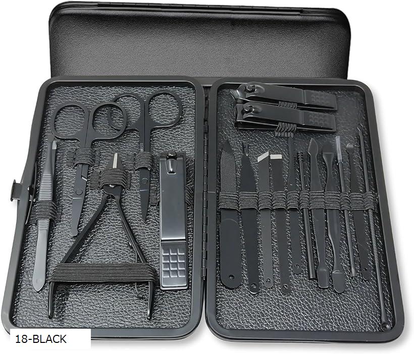 ネイルケアセット 爪切り 爪やすり 甘皮処理 眉毛 ハサミ 毛抜き 耳かき(18-BLACK)