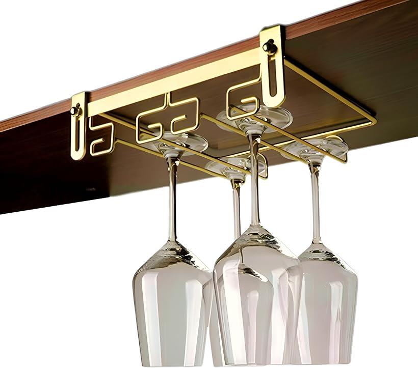 ワイングラスホルダー 高さ調整可能 吊り下げ グラス収納 穴あけ不要 ネジ止め対応 グラススタンド キッチン( 2レーン：ゴールド)
