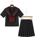 セーラー服 コスプレ 黒 半袖 清楚 JK 学生服 リボンタイ付き 半袖トップス プリーツスカート 3点セット( XXLサイズ)