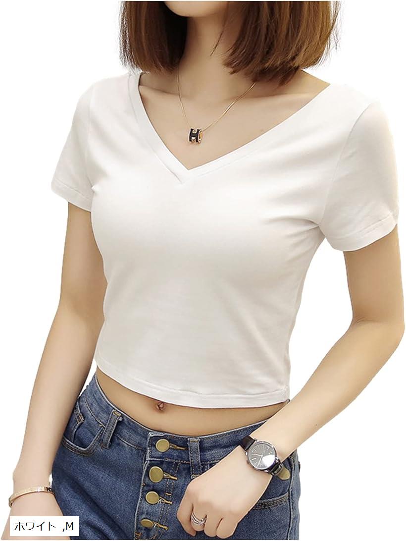 半袖 レディース Vネック Tシャツ ショート丈 カットソー トップス ストレッチ 無地(ホワイト, M)