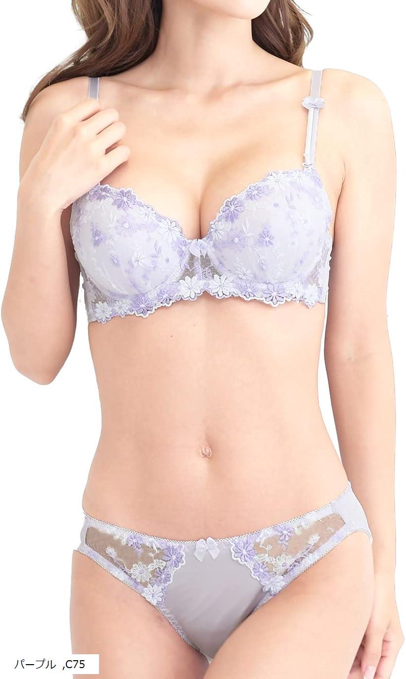 レディース ブラジャー ショーツ 上下 セット ブラショーツセット ブラジャーショーツセット 花柄 刺繍 女性 下着 清楚 3/4 カップ (パープル, C75)