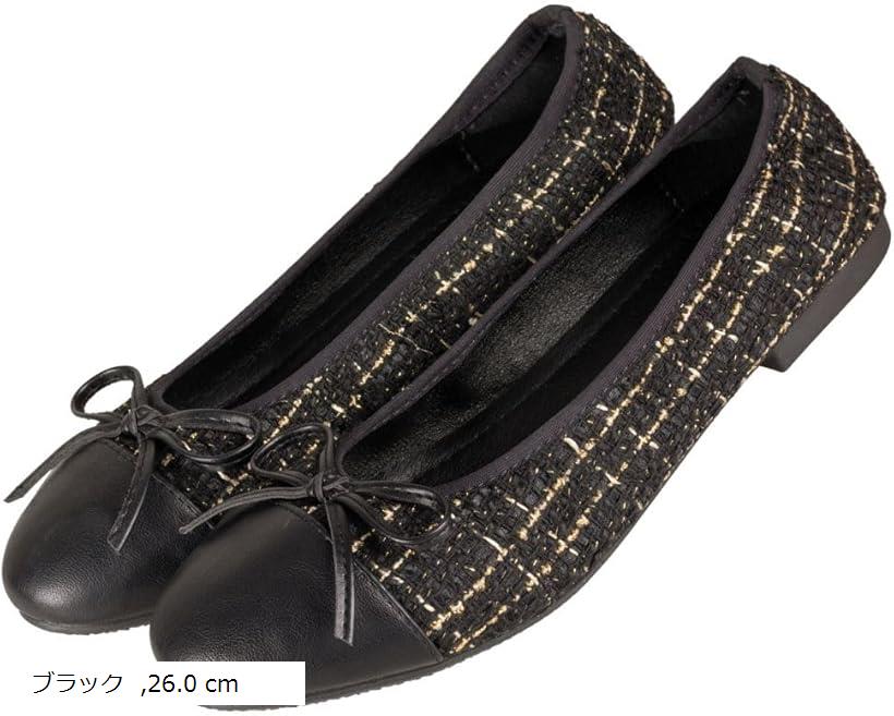 ダイアナサイズ対応 バレエシューズ パンプス レディース フラットシューズ ツイード ラメ リボン ラウンドトゥ (ブラック, 26.0 cm)