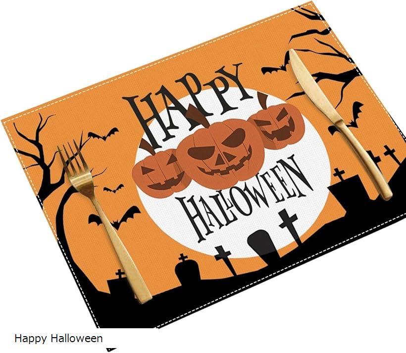 ハロウィン ランチョン マット 4枚セット フェイクリネン テーブル 装飾 ディナー パーティ 防汚 30x45 プレースマット (Happy Halloween, 標準)