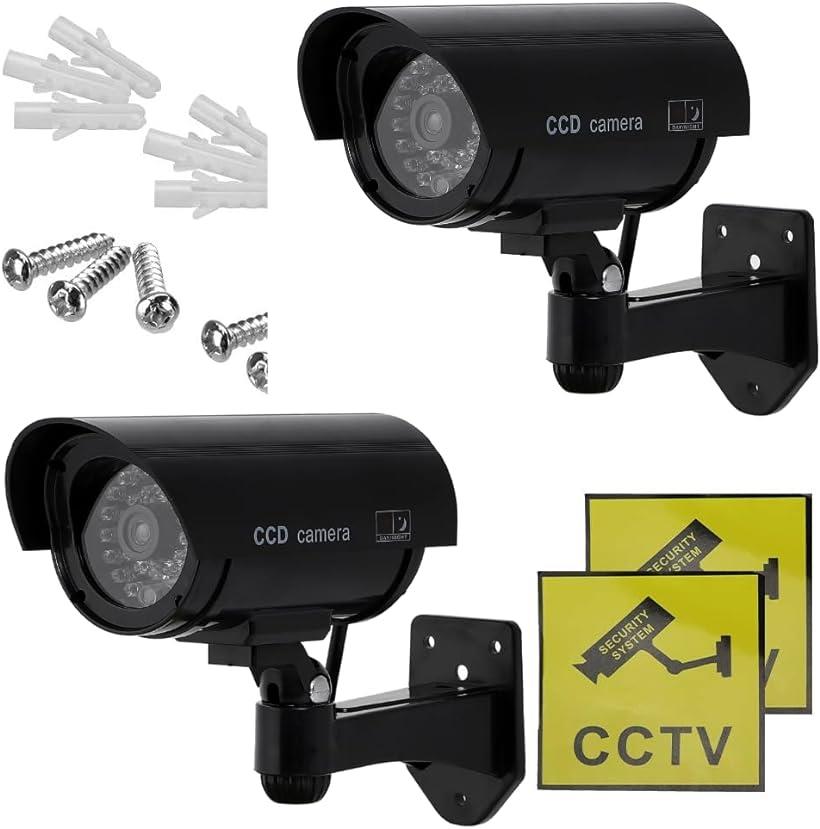 ダミーカメラ 防犯カメラ 監視カメラ 不審者対策 注意喚起 フェイクカメラ カモフラージュ LEDライト点滅 電池式 配線不要 取付簡単 2個 ブラック( ブラック)