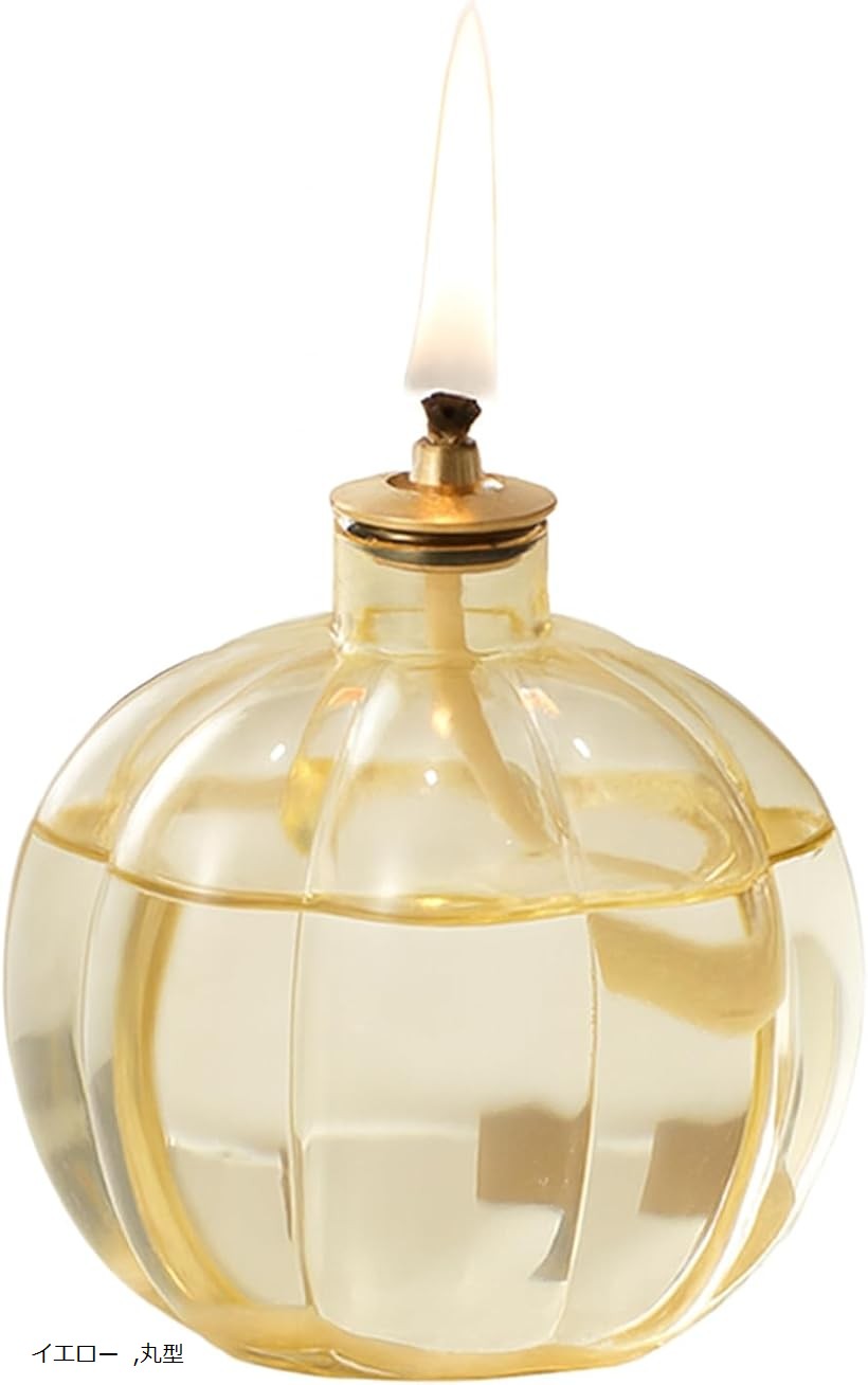 オイルランプ ガラス ボトル おしゃれ アロマ 卓上 インテリア レトロ 癒し 照明 キャンドル 代替 ダイニング テーブル カフェ風 安らぎ リラックス (イエロー, 丸型)
