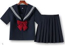 セーラー服 コスプレ 制服 半袖 プリーツスカート リボン 3点セット ネイビー(L)(3)