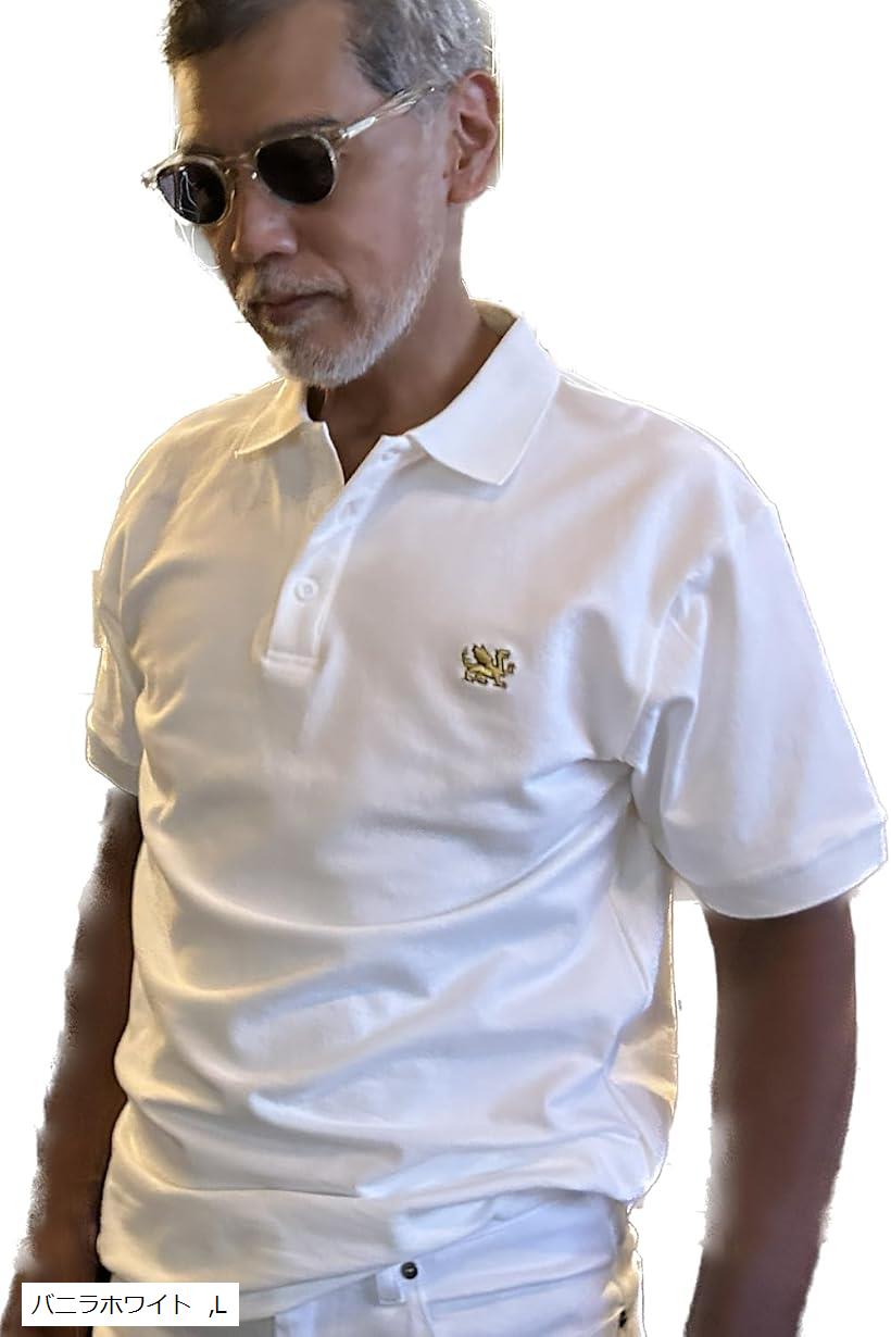 ポロシャツ メンズ プレミアム ドラゴン刺繍 半袖 ゴルフウェア ビジネスカジュアルにも コットン100% 8オンス(バニラホワイト, L)