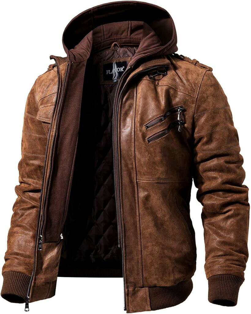 Leather Jacket - メンズ レザージャケット ライダースジャケット コート 本革 豚革 取り外し可能 フード付き 厚手 バイク XXXL ブラウン (ブラウン, 3XL Regular)