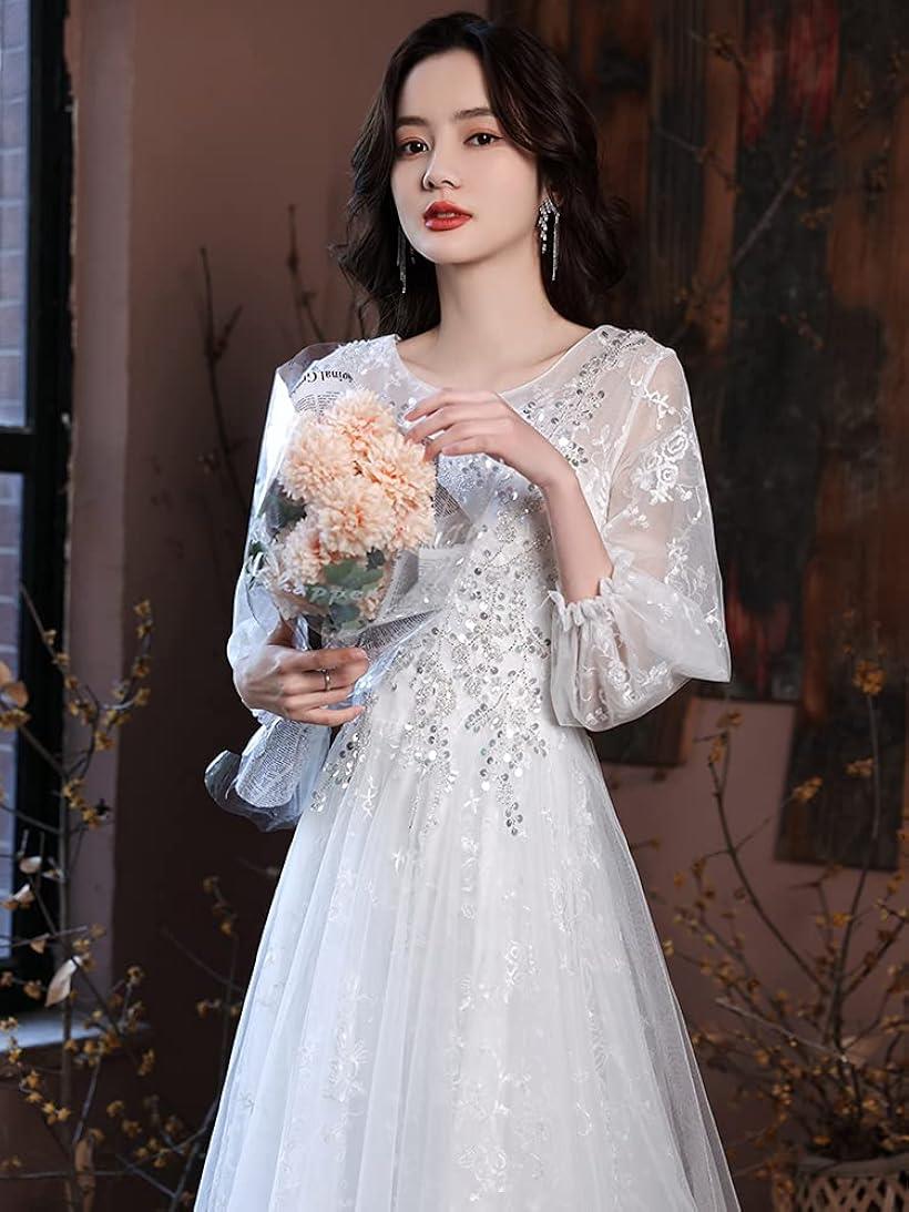 可愛い ウェディングドレス 二次会ドレス 結婚式 プリンセスラインドレス 姫系 パーティードレス 新婦 挙式 ブライダル 袖あり 発表会 ロングドレス Regular(白B-長い, 2XL)