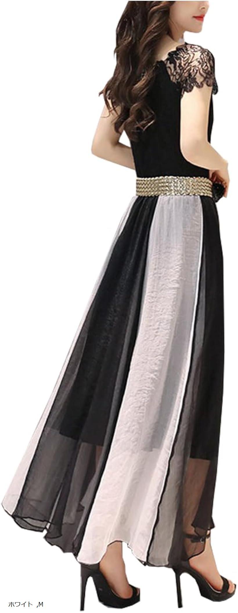 aライン 総レース パーティードレス お呼ばれ おしゃれ 膝丈 上品 ロングドレス ワンピース 発表会 半袖 演奏会 披露宴 ウエスト 絞り ベルト きれいめ キャバドレス ペプラム パール サテン シフォン マーメイド(ホワイト, M)