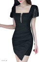 レース フロント チャック タイト セクシー ミニ ワンピース キャバ嬢 ドレス 半袖 パーティー カシュクール(ブラック, S)