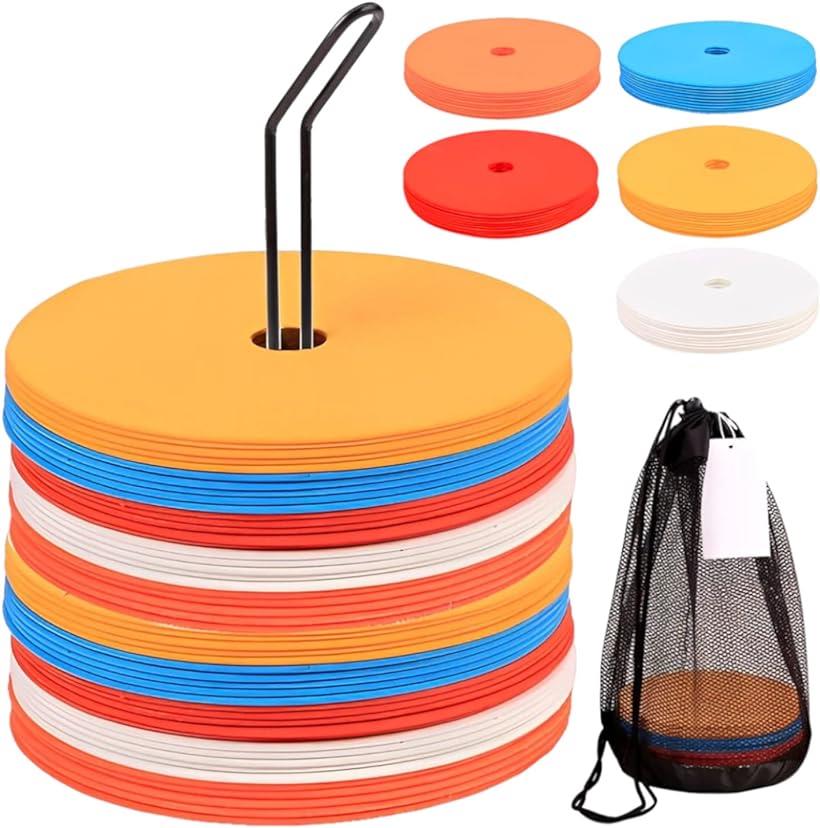 フラットマーカー 5色 50枚 フラットコーン サッカー 陸上 バスケ マーカーコーン 専用スタンド 収納袋付き (50枚，専用スタンド，収納袋付き)