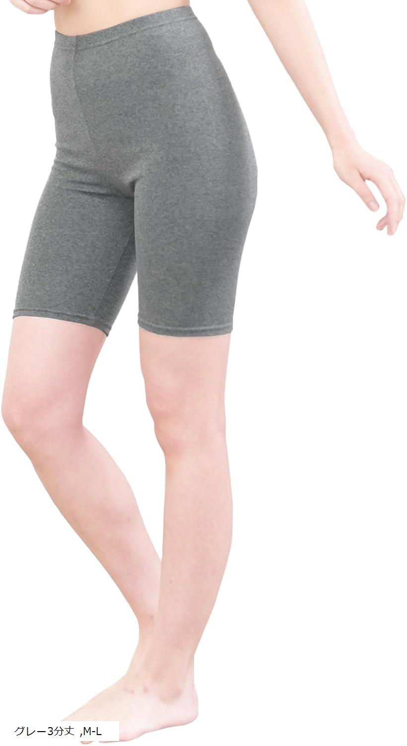 レディース 女性 パンツ レギンス スパッツ 綿混 日本製(グレー3分丈, M-L)