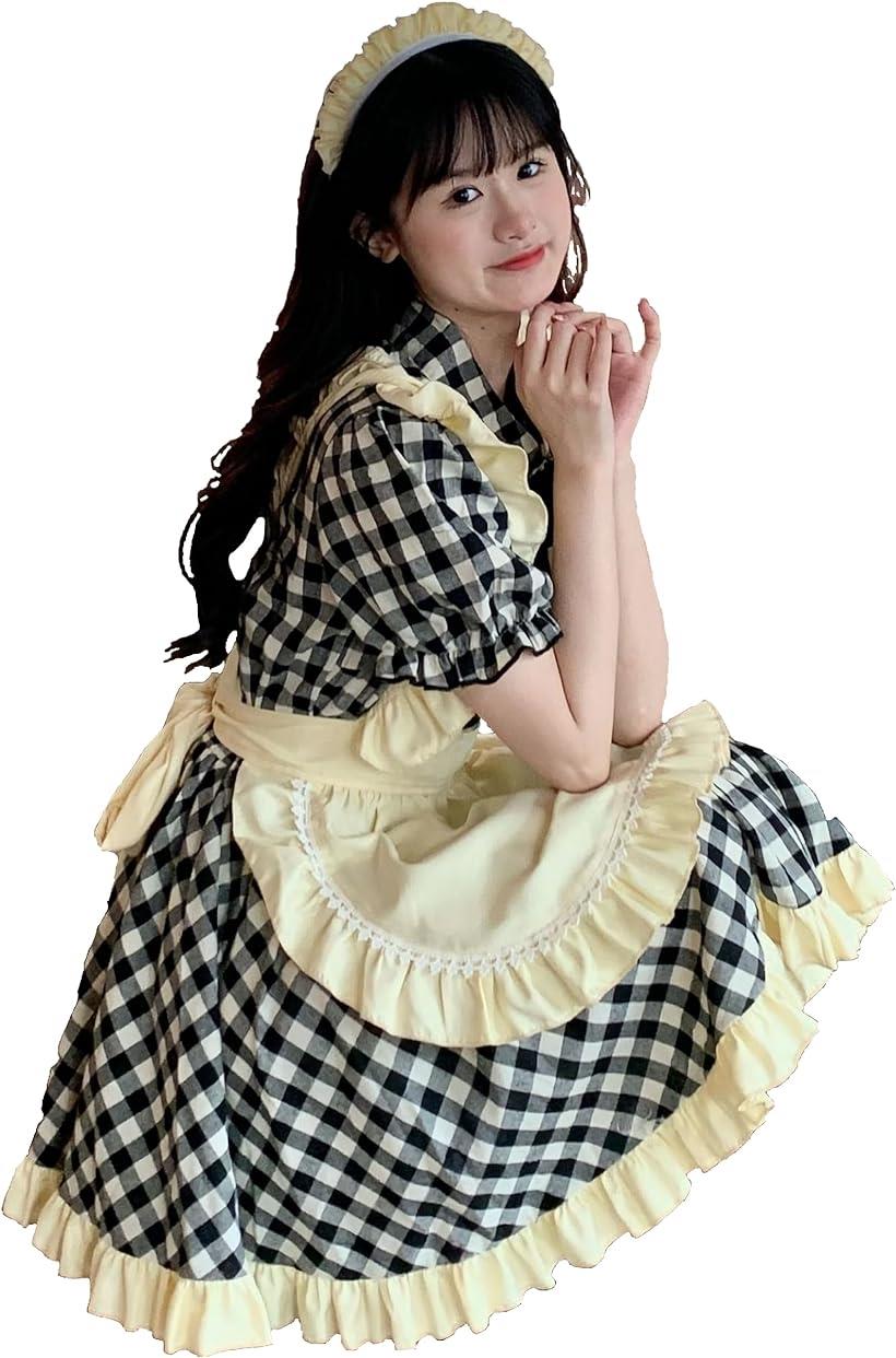 メイド服 チェック 半袖 カフェ 大きい コスプレ 仮装 カチューシャ エプロン 髪留め2個付 黒( XL)