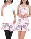 水着 レディース 5点セット ヨガ タンキニ Tシャツ パンツ レギンス ショーツ ピンクリーフ x ホワイト(ピンクリーフ x ホワイト, S)