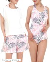 水着 レディース 体型カバー 4点セット タンキニ Tシャツ ハーフパンツ ショーツ ピンクリーフ x ホワイト(ピンクリーフ x ホワイト, S)