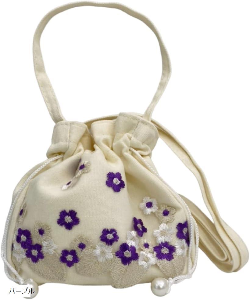 巾着バッグ ショルダーバッグ ハンドバッグ 2way 巾着ポーチ ポシェット 刺繍 花柄 手提げ 軽量 斜め掛け(パープル)
