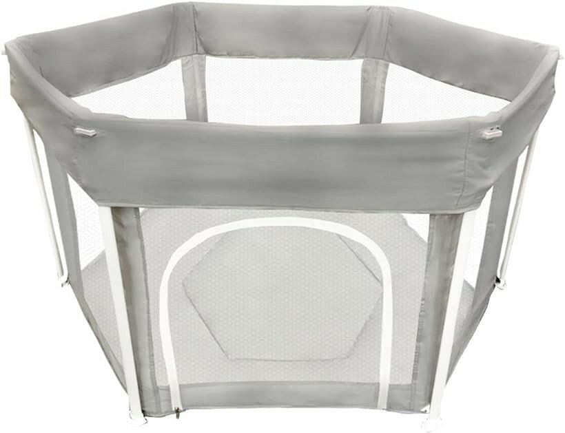 Playpens - ベビーサークル 折りたたみ式 マット付き 扉付き メッシュ Hugmuu ハグムー 簡単 洗える 洗えてたためる 省スペース 持ち運び ファスナー 屋内 屋外 コンパクト 折り畳み (Gray, 六角形)