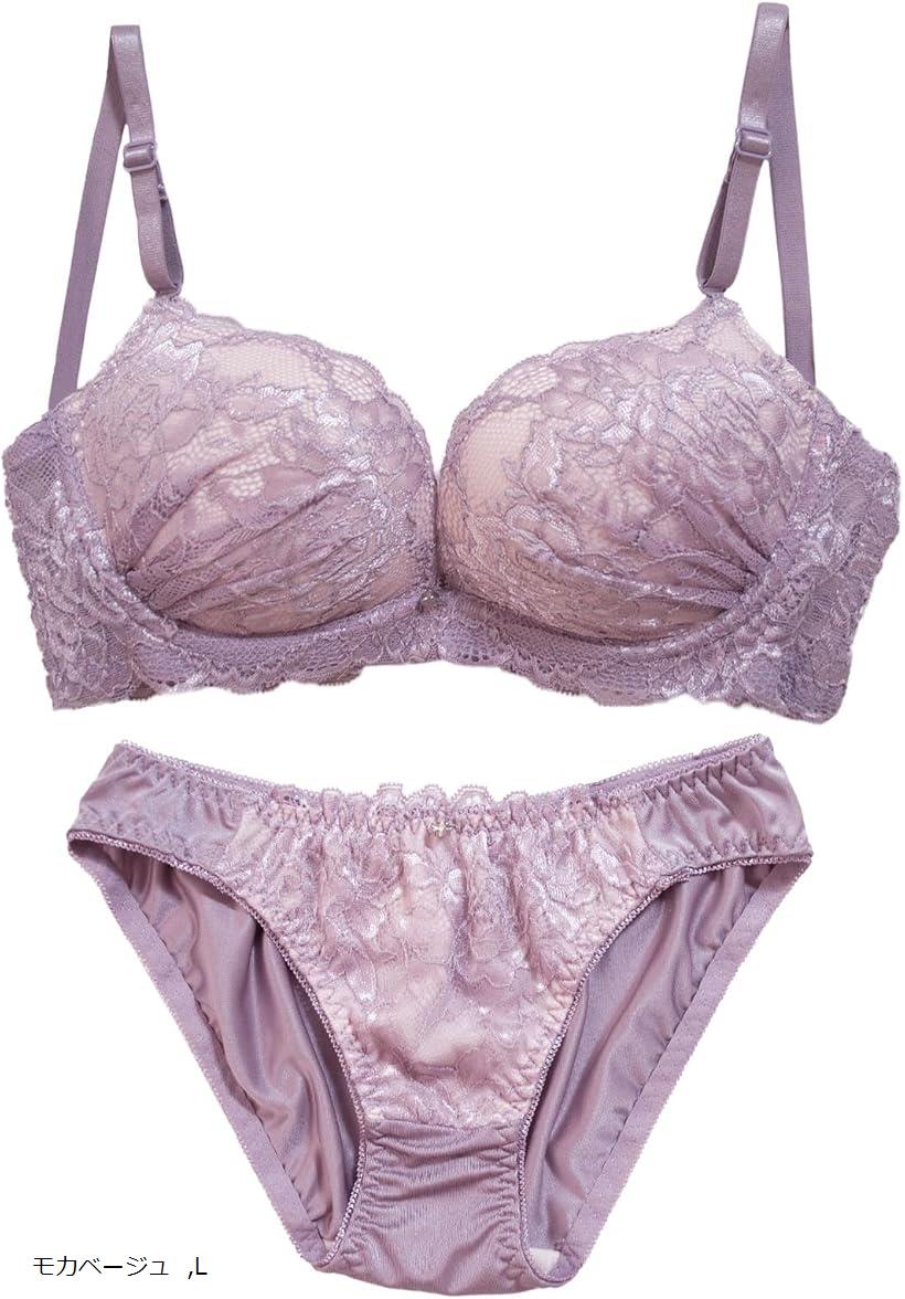 レディース ノンワイヤー ブラ ブラジャー ショーツ 上下セット 下着花柄 レース 大人 上品 (モカベー..