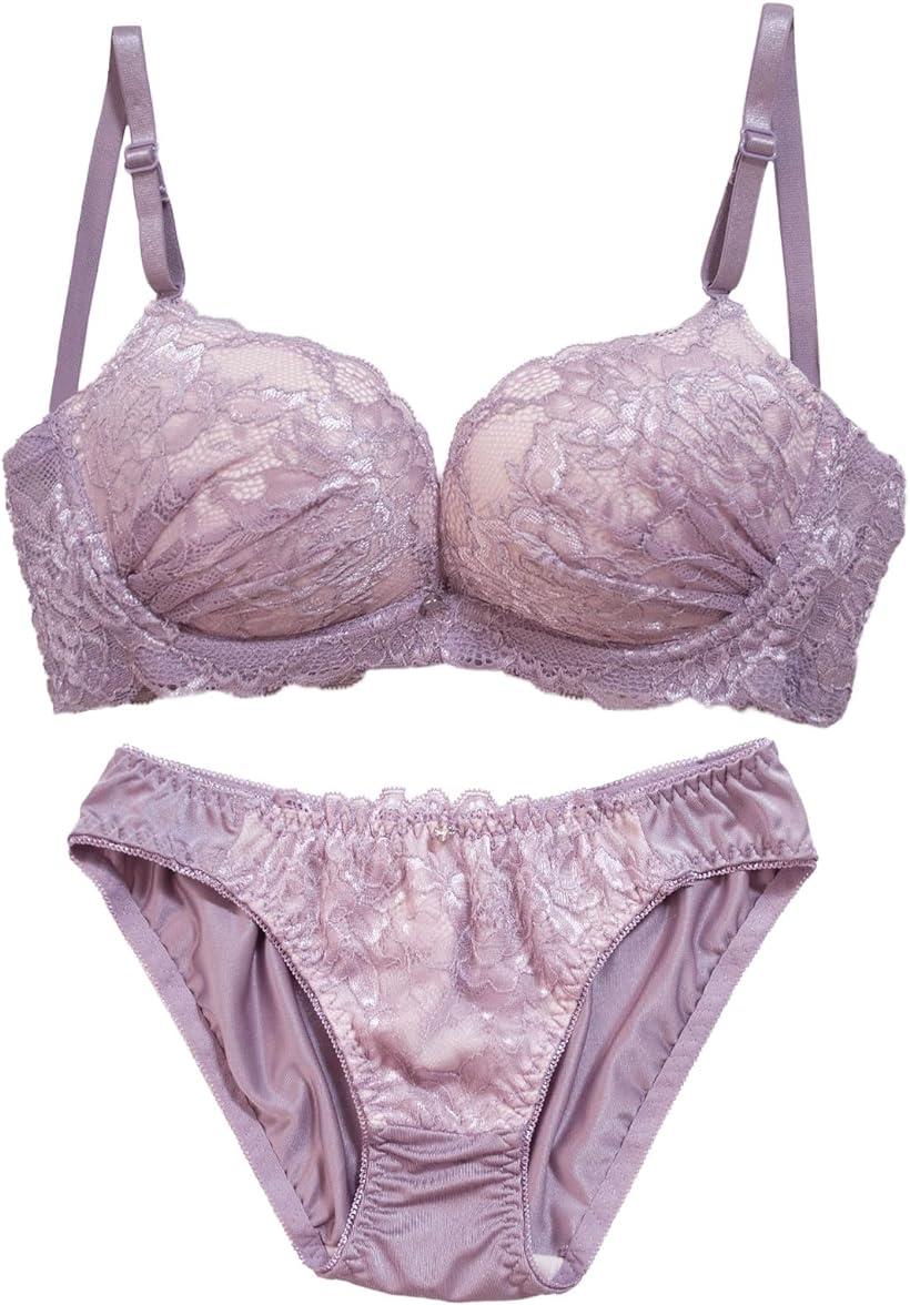 レディース ノンワイヤー ブラ ブラジャー ショーツ 上下セット 下着花柄 レース 大人 上品 (モカベー..