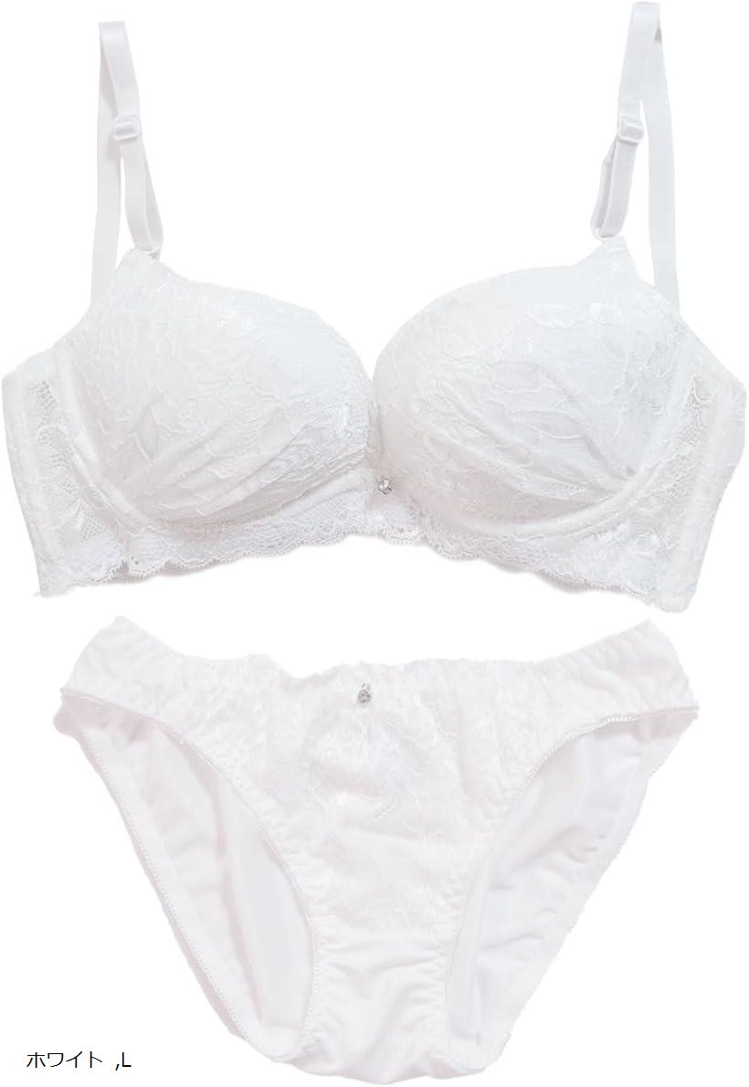 レディース ノンワイヤー ブラ ブラジャー ショーツ 上下セット 下着花柄 レース 大人 上品 (ホワイト, L)