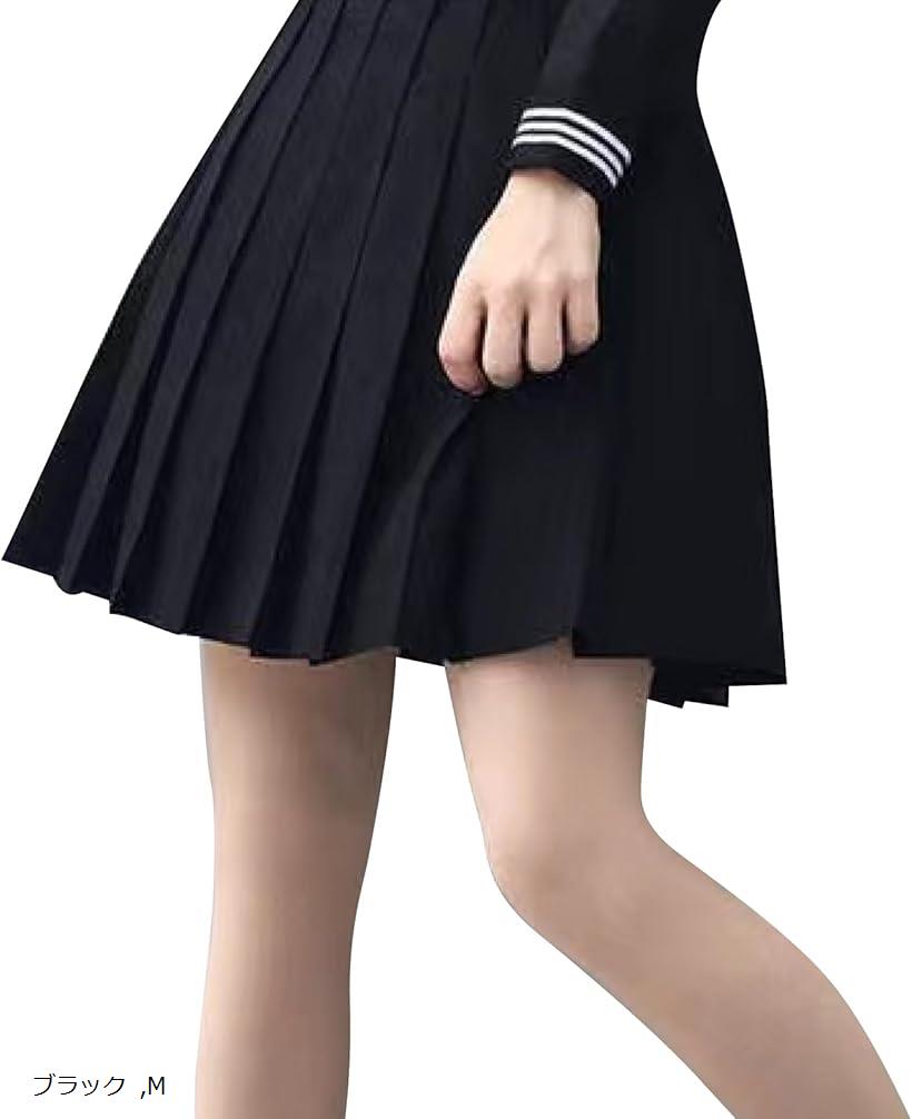 42cm プリーツスカート ひざ丈 ミニ 黒 小学生 スクール コスプレ 無地 (ブラック, M)