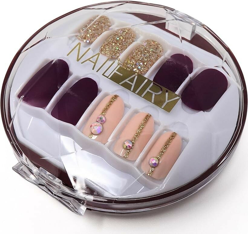 ネイルチップ ショート 30枚 付け爪 短め 紫 ベージュ 可愛い NAILFAIRY 038ZF (パープル ベージュ ゴールド, ショート)