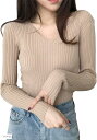 セーター レディース リブ ニット トップス Vネック タイト シンプル 長袖(ベージュ, Free Size)