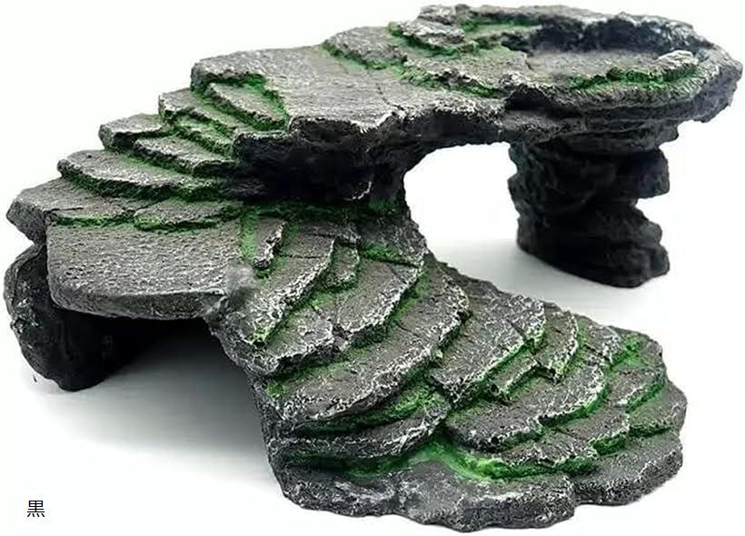 爬虫類 シェルター 亀 隠れ家 階段 休憩 洞窟 浮島 苔 黒 (黒)