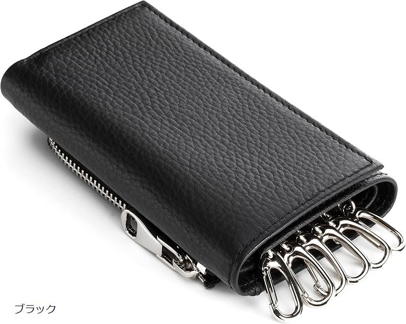 キーケース メンズ 整理収納士監修小さいのに6つの機能 財布 一体型 小銭入れ スマートキー 革 カード入れ(ブラック, Free Size)