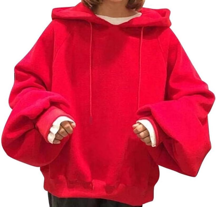 エンプティオ 萌え袖 だる着 長袖 ゆるパーカー レディース スウェット オーバー 裏起毛 トップス アウトドア オーバーサイズ フード付きパーカー (ポピーレッド, M)