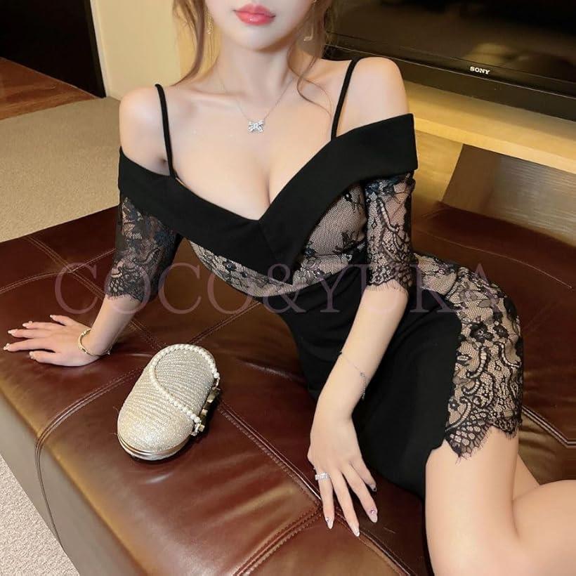 レース Vネック 肩出し オフショルダー ミニワンピース キャバ嬢 クラブ ドレス 五分袖 花柄 パット付き レディース(ブラック, S)