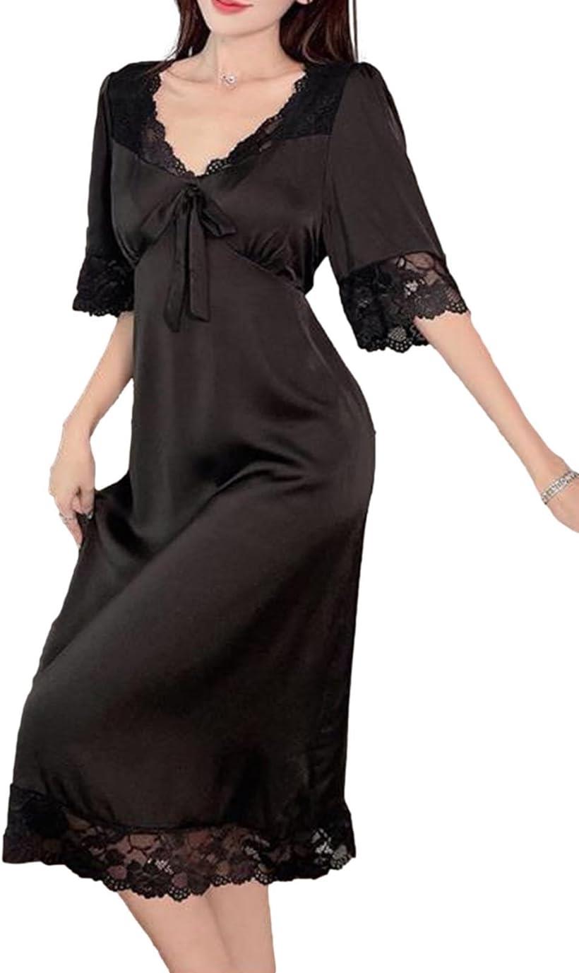 ココスピグミー ネグリジェ ルームワンピース レディース ルームウェア パジャマ カップ付き 無地 レース ロング丈 5105(ブラック, M)