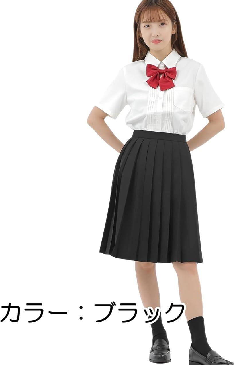 プリーツスカート 55cm 無地 学生 制服 膝丈 スクールユニフォーム 女子高生 e43 XL ブラック (ブラック, XL)