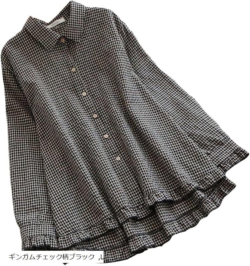 長袖 チェック柄 ブラウス レディース シフォン チュニック 襟なし ブラック(ギンガムチェック柄ブラック, L)