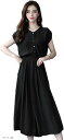 ワンピース レディース Aライン ミモレ丈 ウエストベルト シフォン フレンチスリーブ ノーカラー BB003(ブラック, 2XL)(4)