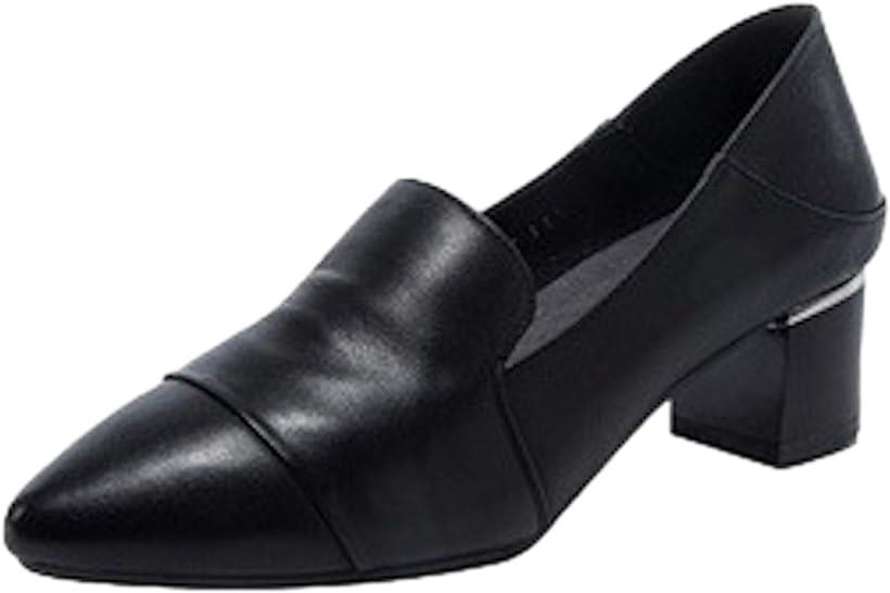 パンプス レディース 牛革 チャンキーヒール ローファー風 4cmヒール 安定感 ゴム底 歩きやすい (ブラ..