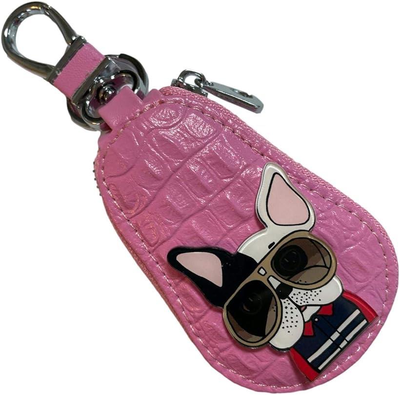 キーケース レディース スマートキー チェーンリング 車 カラビナ コンパクト 型押し 犬( フレンチブル ピンク)