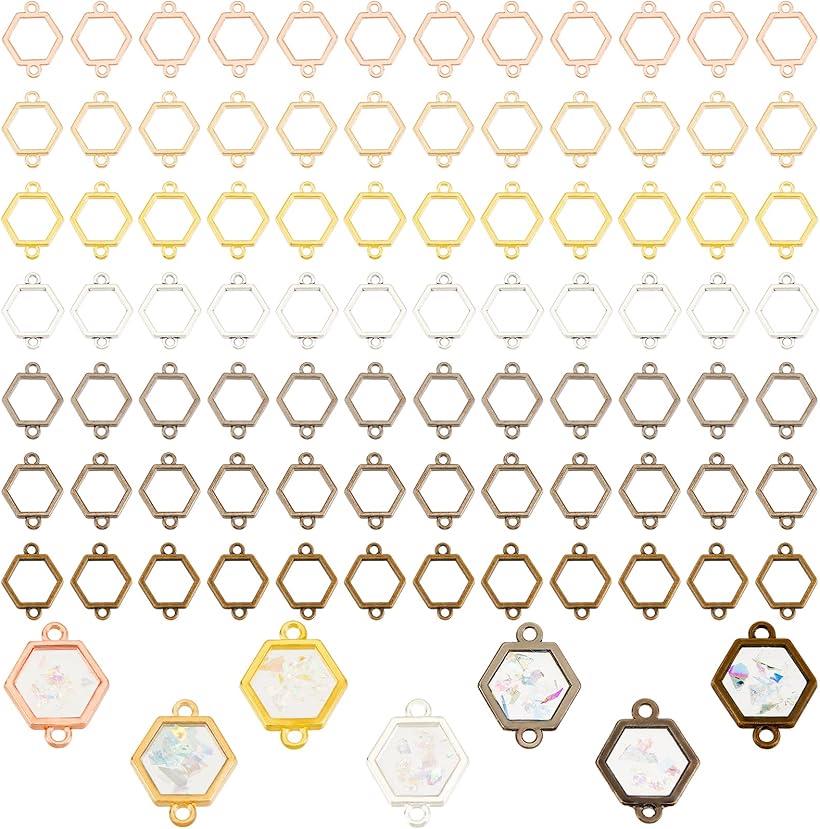 レジン枠 空枠 7種168個 カン付き アクセサリーパーツ チャーム 合金 ゴールド かわいい 六角形 手作り ハンドメイド デコ素材 DIY用 (MIX色)