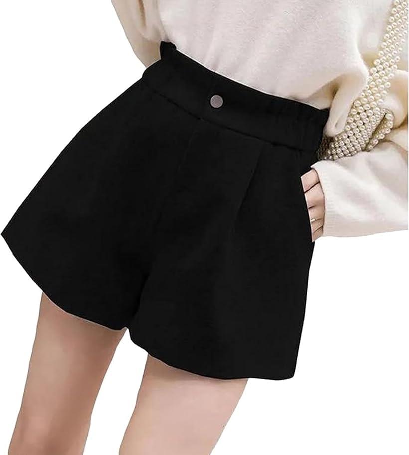 ショートパンツ ハイウエスト シンプル カジュアル フランネル調 キレイめ Aライン シルエット XXL ブラック (ブラック, 2XL)