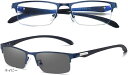ブルーライトカット メガネ 調光 変色 パソコン用 ビジネス 2Way仕様 軽量 ハーフリム Navy(ネイビー)
