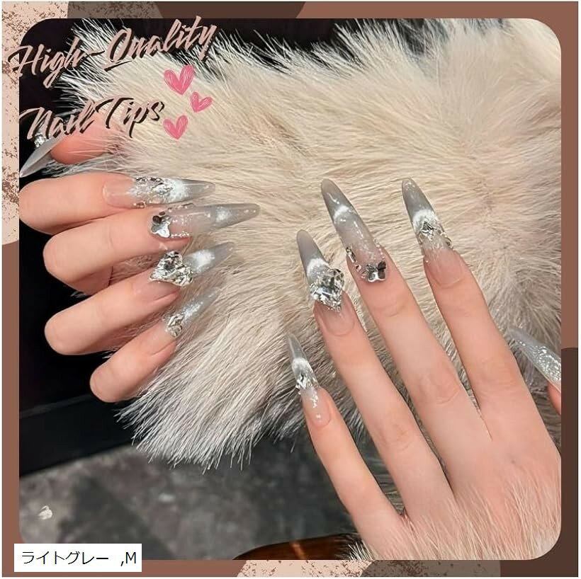 ネイルチップ つけ爪 ロング ハンドメイド 手作り nail tips シンプル 可愛い (ライトグレー, Ⅿ)