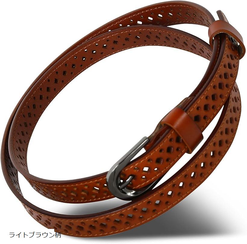 ベルト レディース 本革 細ベルト 長さ調整可能 柔らかい 軽量(ライトブラウン柄, Free Size)