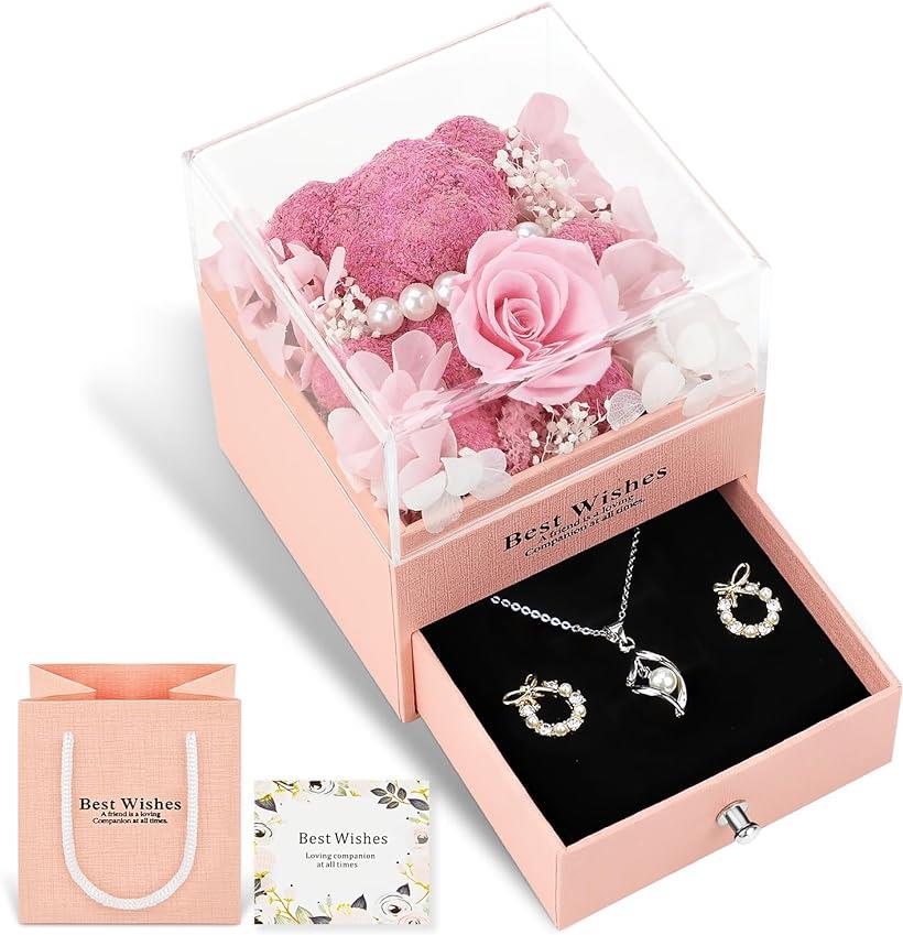 母の日 プリザーブドフラワー 枯れない花 ロマンチックなモスベア ジュエリーボックス ユニークな組み合わせ 贈り物( ピンク)