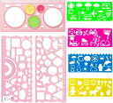 【楽天ランキング1位入賞】テンプレート 製図 定規 ステンシルシート 7点セット デザイン定規 円 イラスト 波線(ピンク)