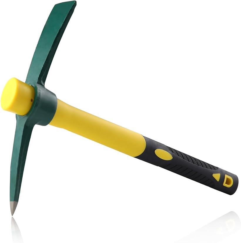 ツルハシ つるはし ピックマトック バチヅル 柄付 片手鍬 除草マトック鍬 くわ 農業用つるはし ポータブル グラスファイバー TPR 滑り止め ハンドル 切断刃付 全長380mm 防錆 ガーデニング 園芸鋤 小(イエロー, 380mm)